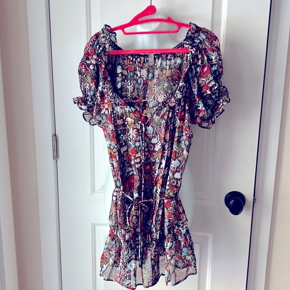 American Rag chiffon floral long tunic ruffled top has a separate long tie - L - Picture 1 of 14